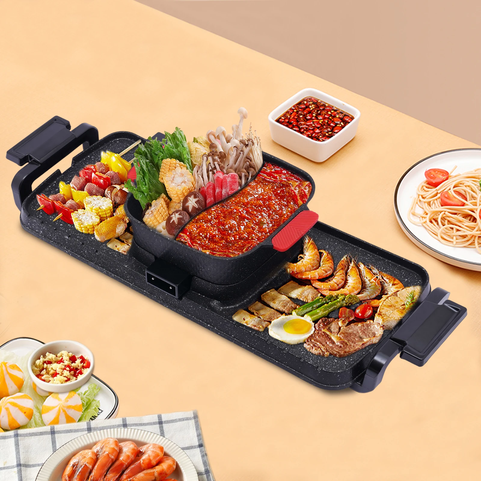 

Barbecue Hot Pot 2 In 1, Indoor Korean BBQ, Dual Control Shabu Shabu, Hot Pot with Grill, Multifunction Smoke Free Stove