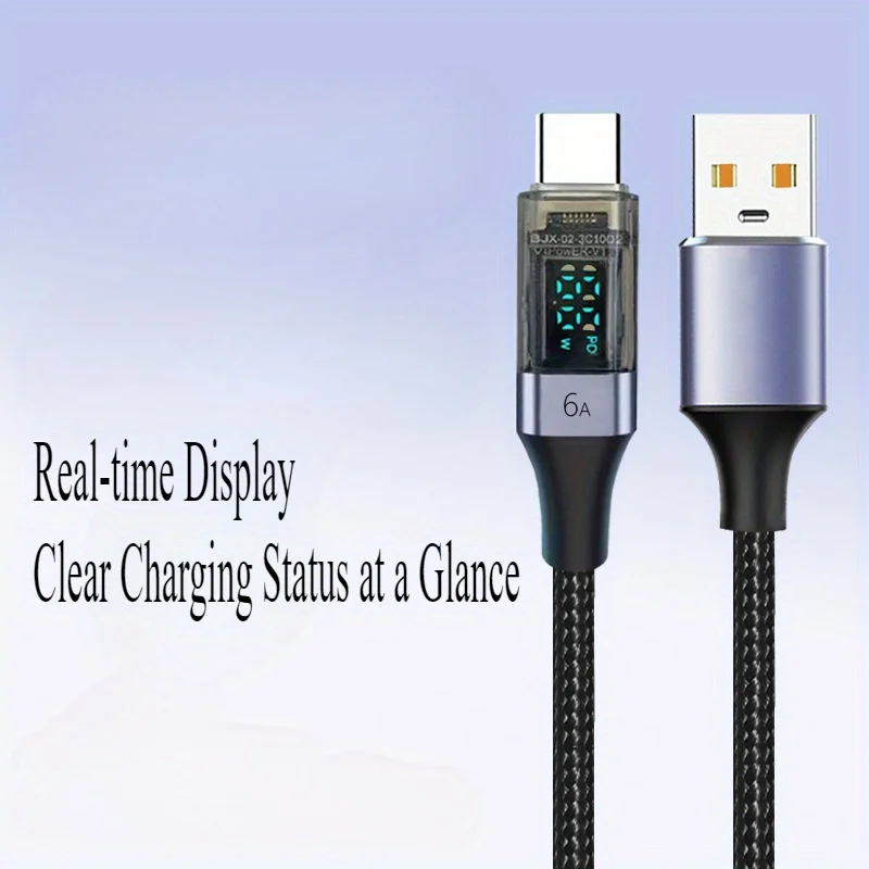 6 عبوات من كابل بيانات العرض الرقمي الذكي بطول 1 متر/3.3 قدم، كابل شحن سريع 66 وات، USB إلى Type-C، كابل شحن سريع كهربائي مرئي