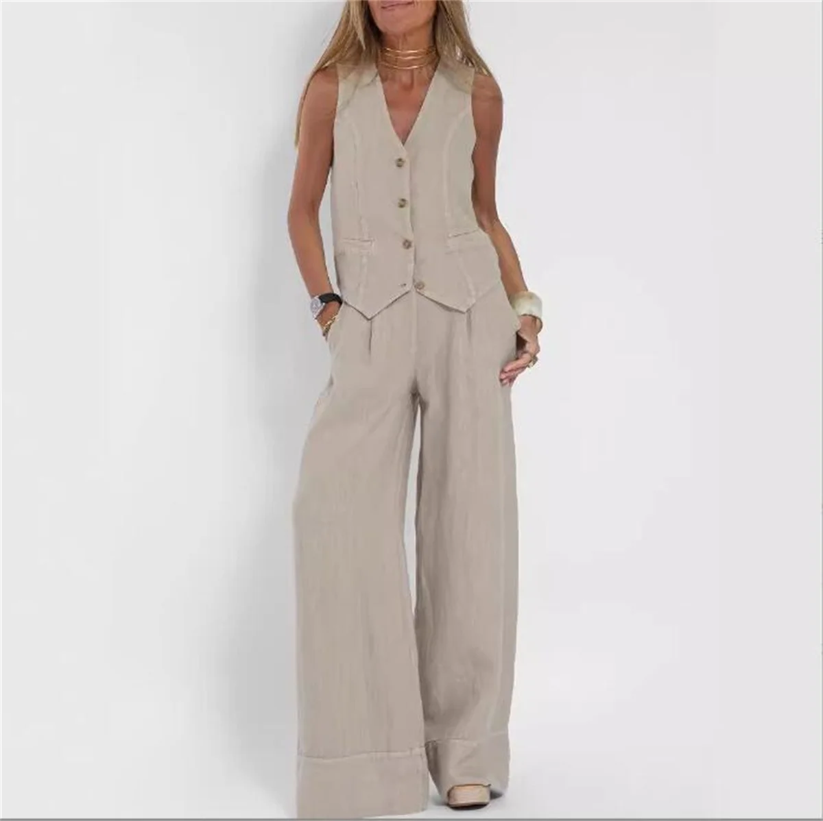 2024 New Sleeveless V-neck Two-piece Suit Elegant Solid Single High Waist Wide Leg Pants Vest Sets Office Casual Chic Clothing