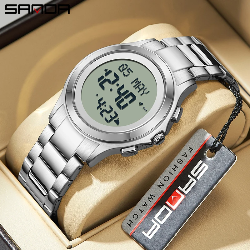 SANDA 6169 Luxury Stainless Steel Strap Men Electronic Watches Fashion Round Square Luminous Waterproof LED Digital Male Watch