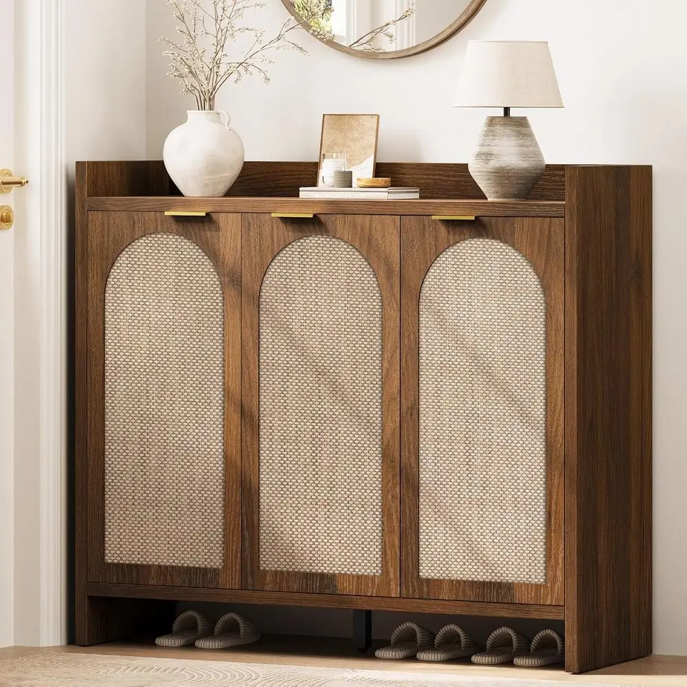 

Shoe Cabinet Storage or Entryway - Rattan Accent Cabinet with 3 Do& Adjustable Shelves, 6-Tier Large Wood Shoes Cabiwith Organiz