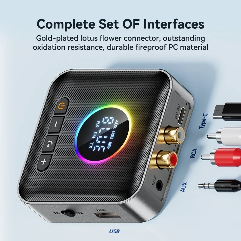 M10 RGB Цветной свет Bluetooth 5.4 Аудиоприемник Передатчик FM USB 3,5 мм AUX RCA Стерео HIFI Музыкальный беспроводной адаптер с микрофоном