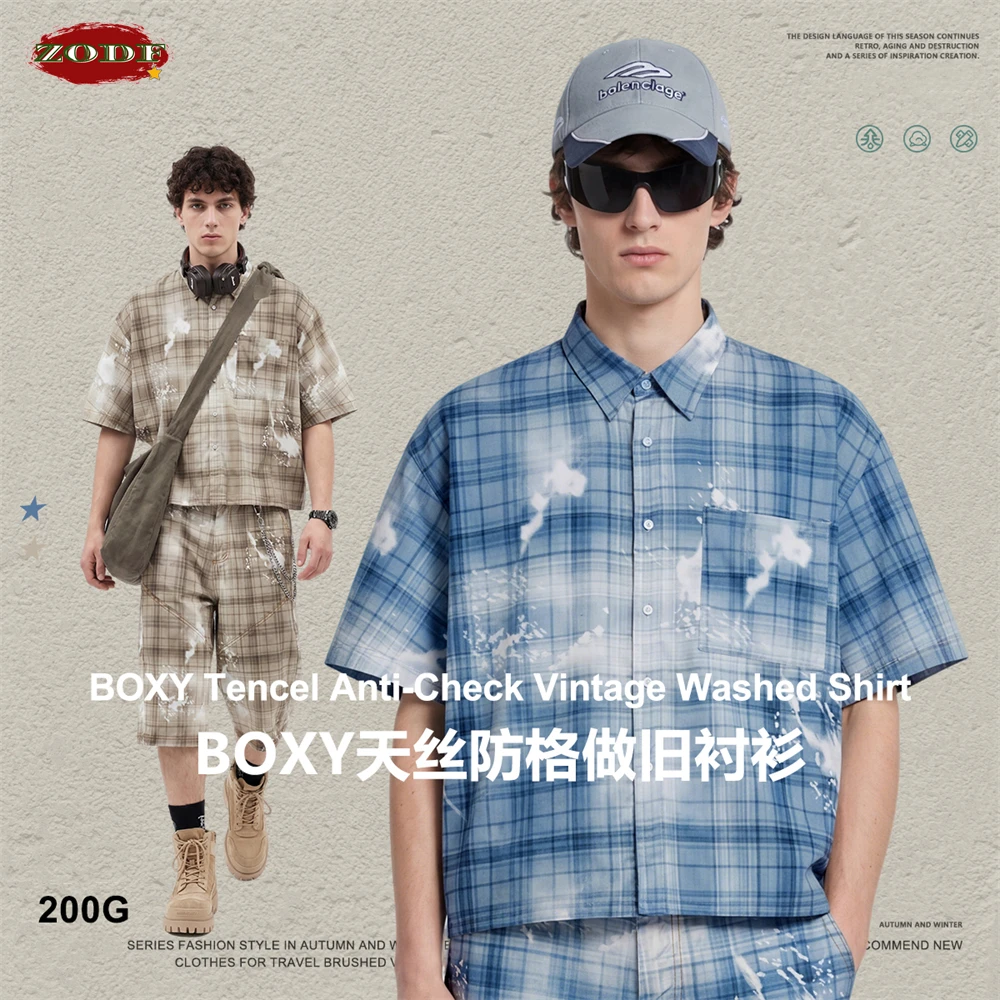 ZODF Retro Summer Men 200gsm Washed Plaid Shirts Unisex Breathable Distressed Heat Transfer Pringting Shirt Tees HY1272
