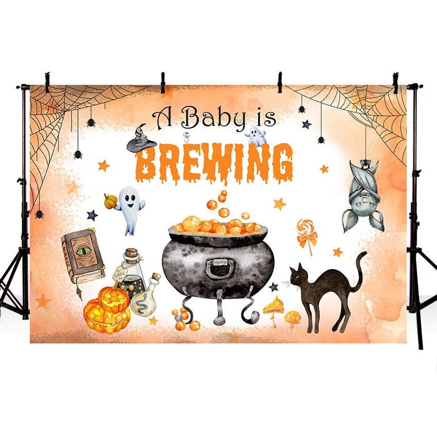 Baby Shower Backdrop A Baby is Brewing Photography Background Party Banner Spider Web Witch Magic World Decor Photoshoot Studio