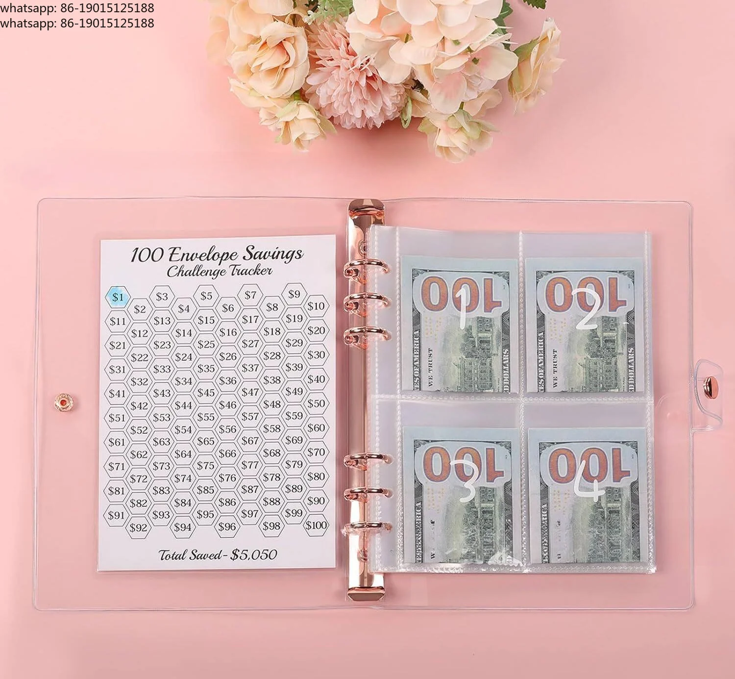 2026 Cross-border New Challenge This loose-leaf 100-day savings book clip pink petal money-saving envelope manufacturer