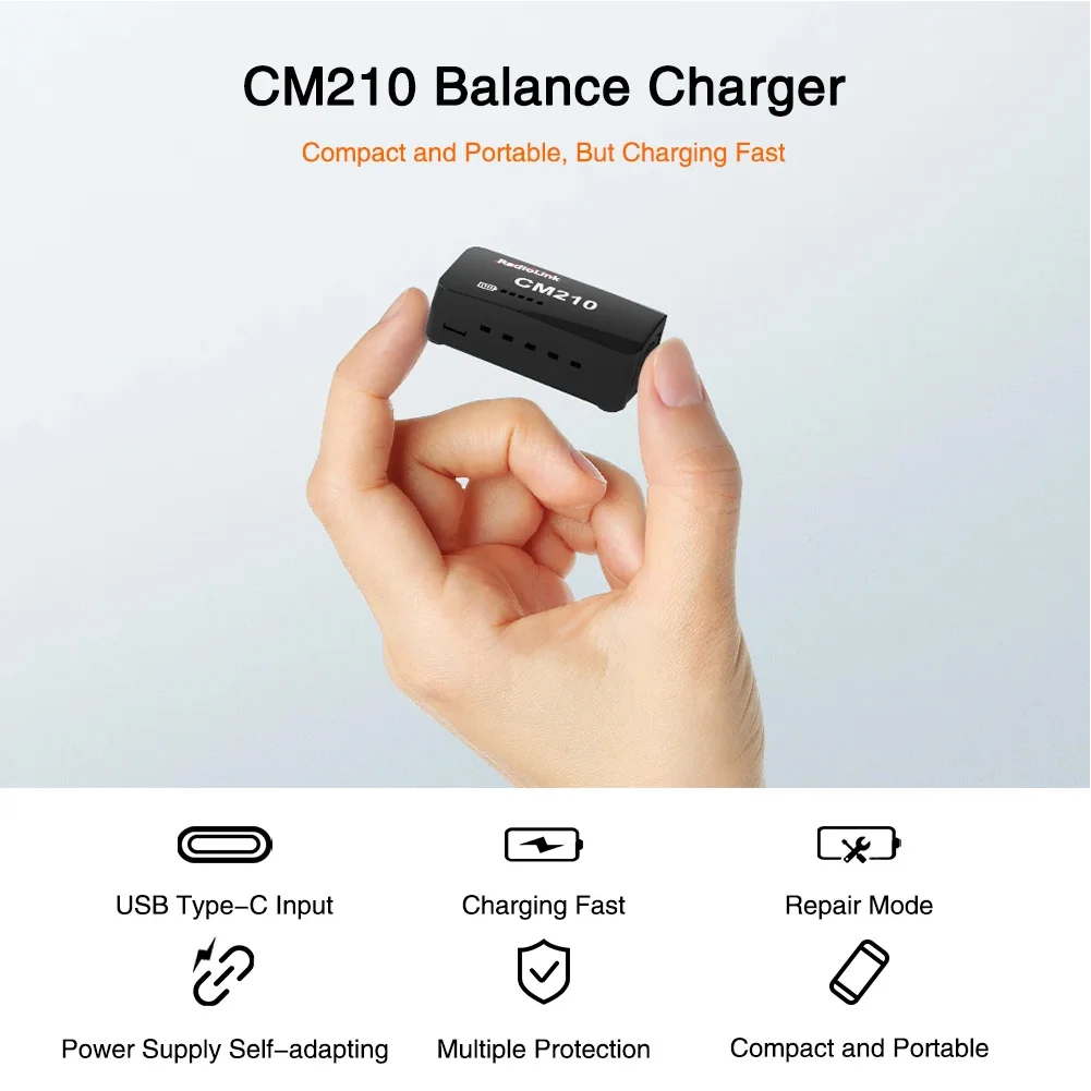 Radiolink CM210 2s LiPo-Akkuladegerät in Mini-Größe mit USB-Typ-C-Anschluss, Selbstadaptierendes Netzteil für RC-Drohnenmodelle