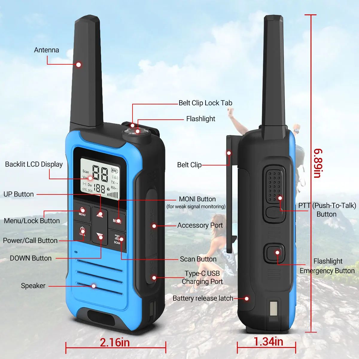 วิทยุสื่อสาร Baofeng ขนาดเล็ก PMR446 2ชิ้นวิทยุสื่อสารสองทาง F22เครื่องเล่นไร้ใบอนุญาตหน้าจอ LCD แบบพกพาที่ชาร์จแบบ VOX Type-C วิทยุสองทางสำหรับตั้งแคมป์