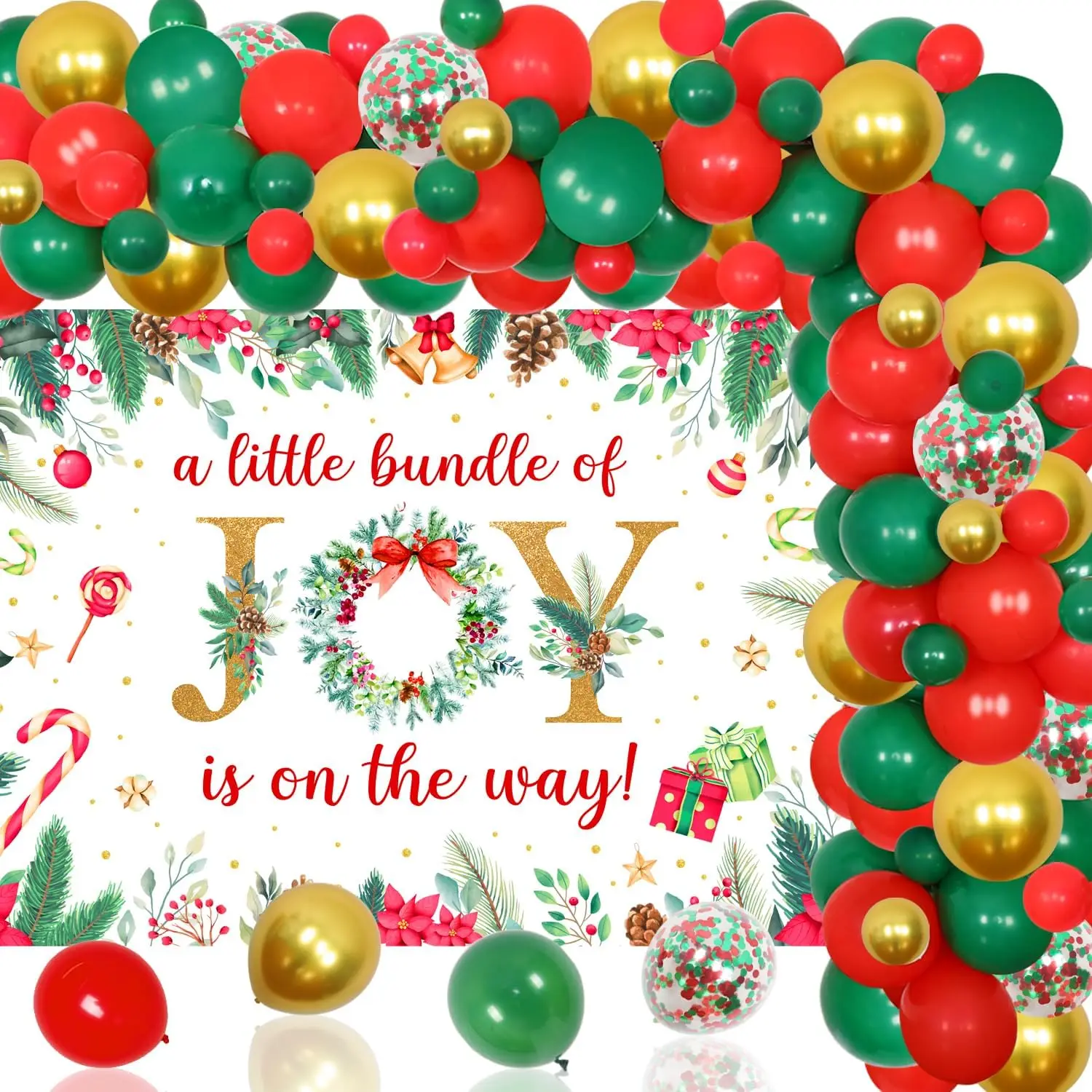 

Funmemoir A Little Bundle of Joy Is on The Way Christmas Baby Shower Decor Green Red Balloon Arch Newborn Holiday Party Supplies