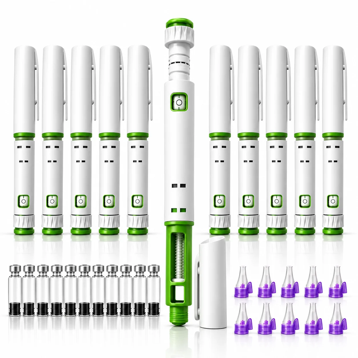 30PCS Green Disposable Insulin Injection Pen Kit 5mg 10mg Adjustable Dose Injector, 10 Pens 10 Bottles 10 Needles Precise Dosing
