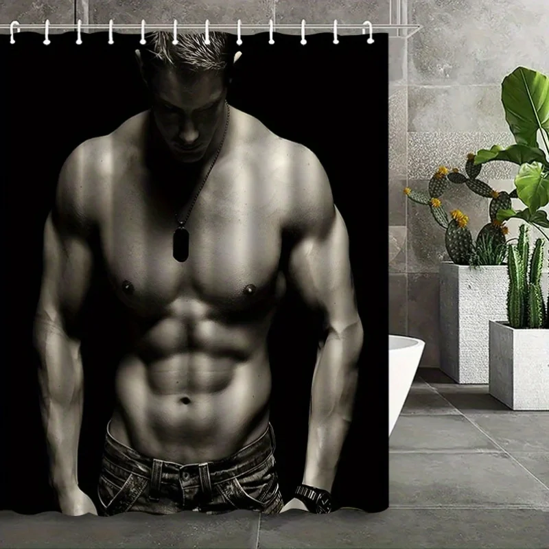 

Muscular Man Shower Curtain, Sexy Male Body Print, Black and White Fitness Art, Modern Bathroom Decor, Waterproof Polyester