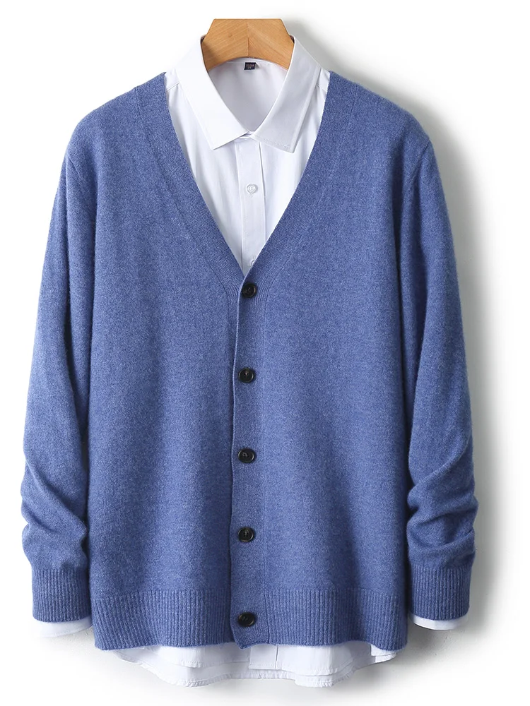 

100% Merino Wool Men V-neck Wool Cardigan Autumn Winter Cashmere Sweater Cable Knitting Casual Simple Comfort Sweater Knitted