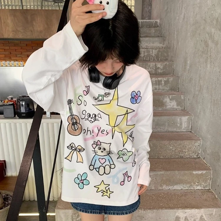 Y2k Thin Long Sleeve Tee Shirt Irregular Hand Drawn Fashion All-match T-shirts 2024 Summer New O-neck Loose Tops Women