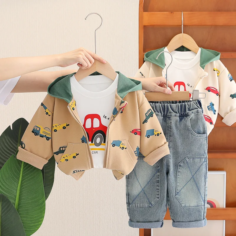 

Spring Autumn Toddler Baby Boys Cotton Hooded Zip Sweatshirt Jacket+Tee Top+Jeans Set Kids 3PCS Tracksuit Children Outfit 1-6Yr