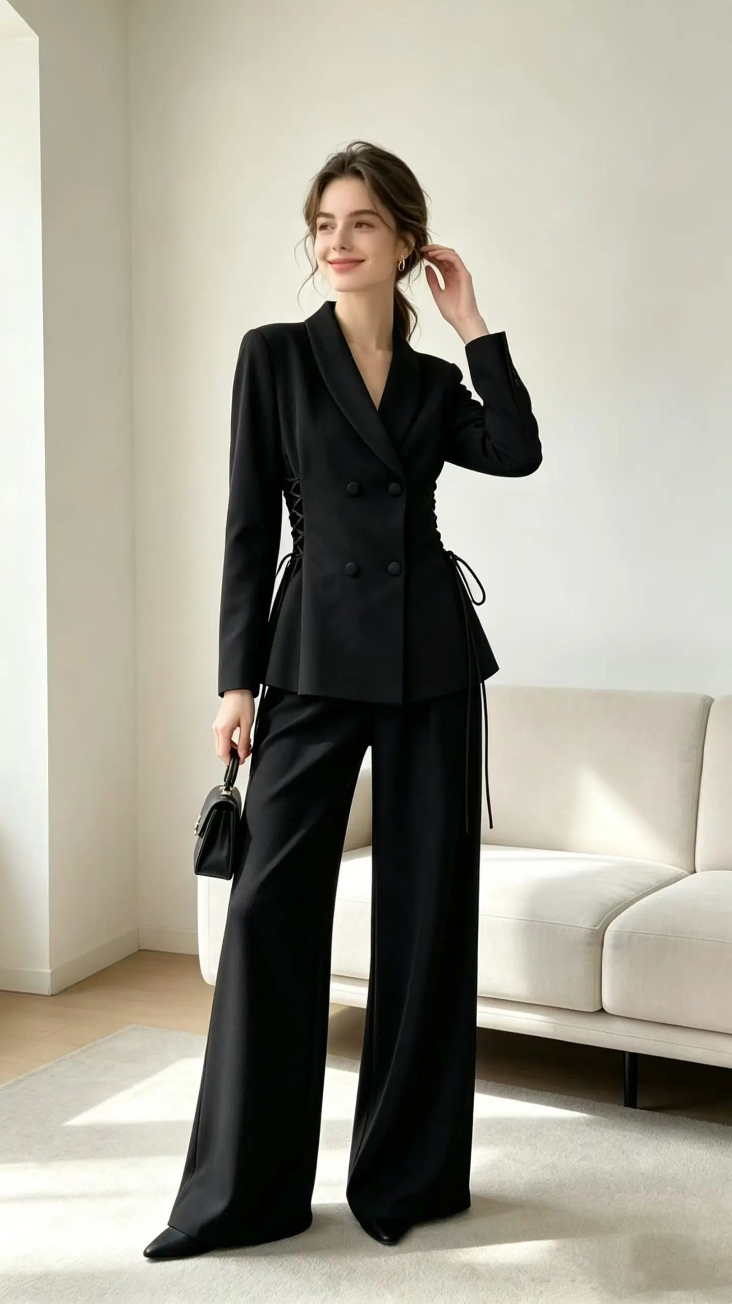 PUAL Women Drawstring Waist Blazer 2 Piece Set, Cropped Suit Jacket + Wide Leg Trousers