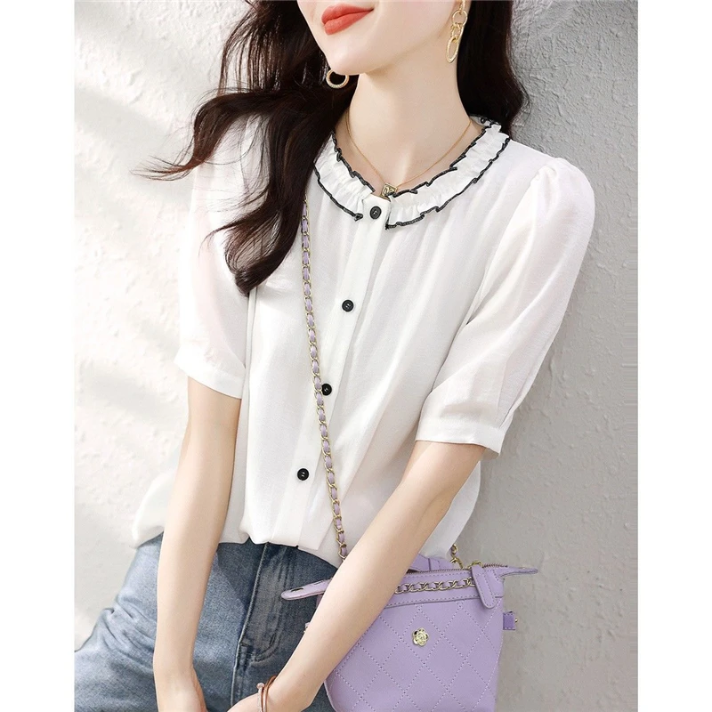 Womens Ruffle White Elegant Chic Button Up Shirt Summer Korean Fashion Short Sleeve Commute Blouse Sweet Loose Tops Blusas Mujer