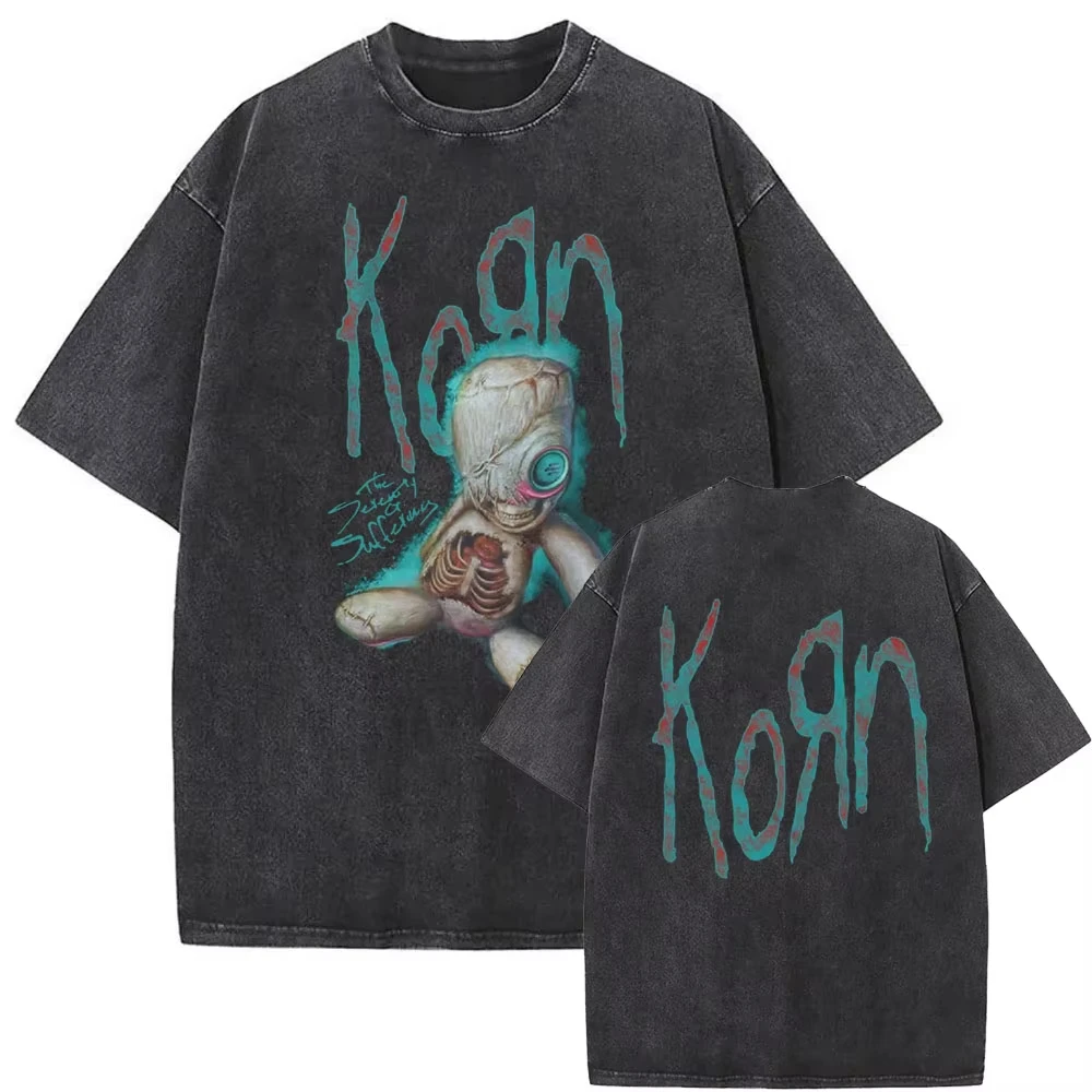 Vintage Washed Korn Follow The Leader T-Shirt, Rockband Gothic Oversized Casual Tees Unisex Streetwear Kurzarm-Oberteile – Detail 5