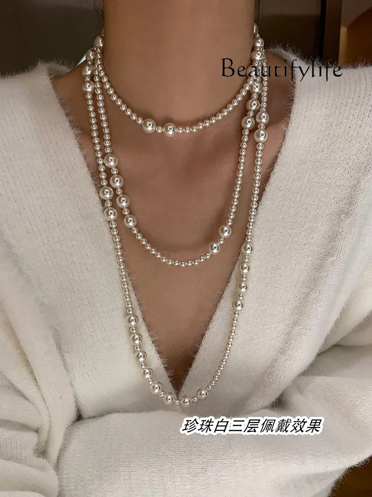 White long pearl necklace women's sweater chain high-end new double-layer multi-layer stacked neck chain