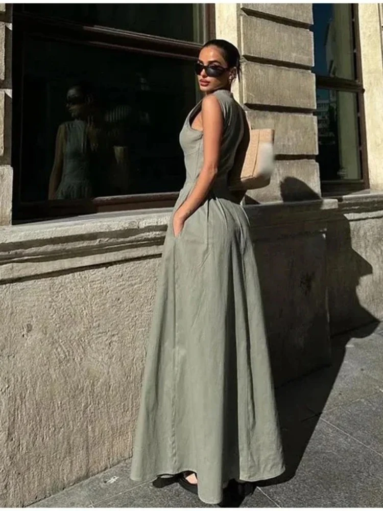 Y2K Abito estivo maxi aderente da donna con zip frontale e vita smockata, abito formale senza maniche, pezzo di dichiarazione che gira la testa