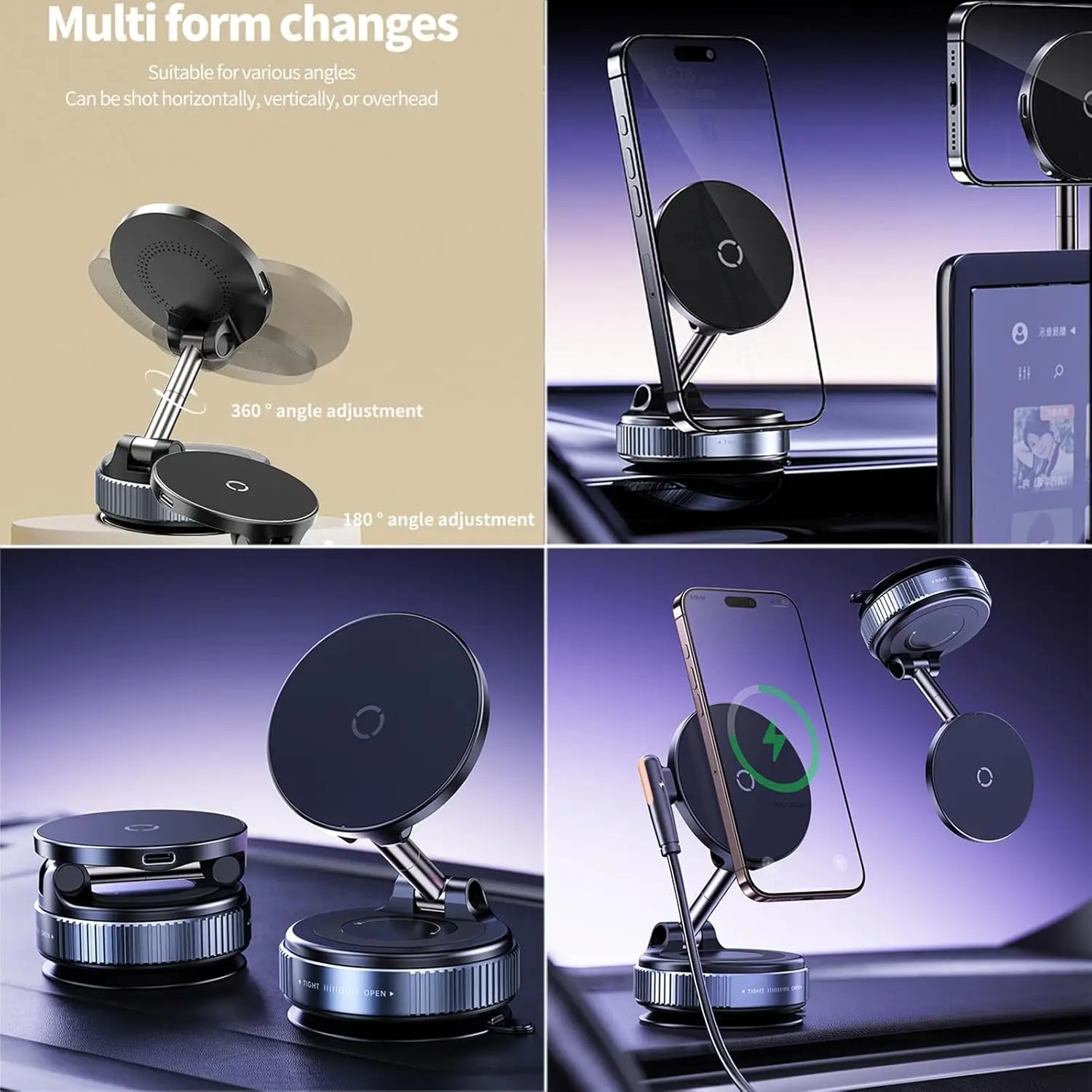 Wireless Charger Vacuum Magnetic Phone Stand for Magsafe iPhone 16 15 14 13 12 Pro Max 360° Adjustable Suction Cup Car Dashboard - Image 2