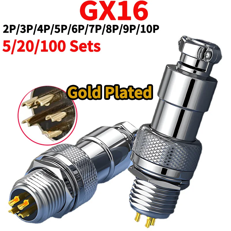 

5/20/100 Sets Premium GX16 Gold-Plated Male & Female Docking Aviation Plug Circular Connector-2-10 Pins,Electric Wire Connector