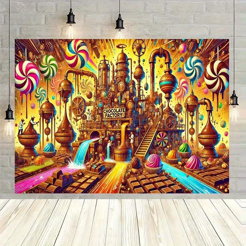 One chocolate factory exploration background cloth, suitable for home decoration and party banner decoration