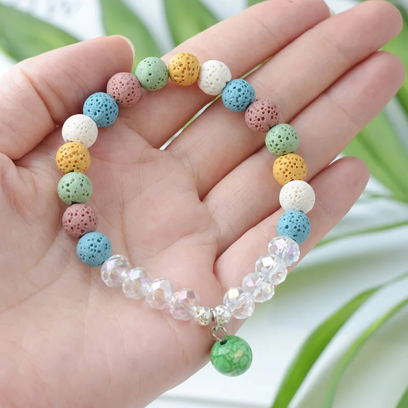 6pcs/ Lot Colorful Lava Stone Beads Bracelet Set Clear Crystal Strand DIY Perfume Essential Oil Diffuser Jewelry for Women Gift