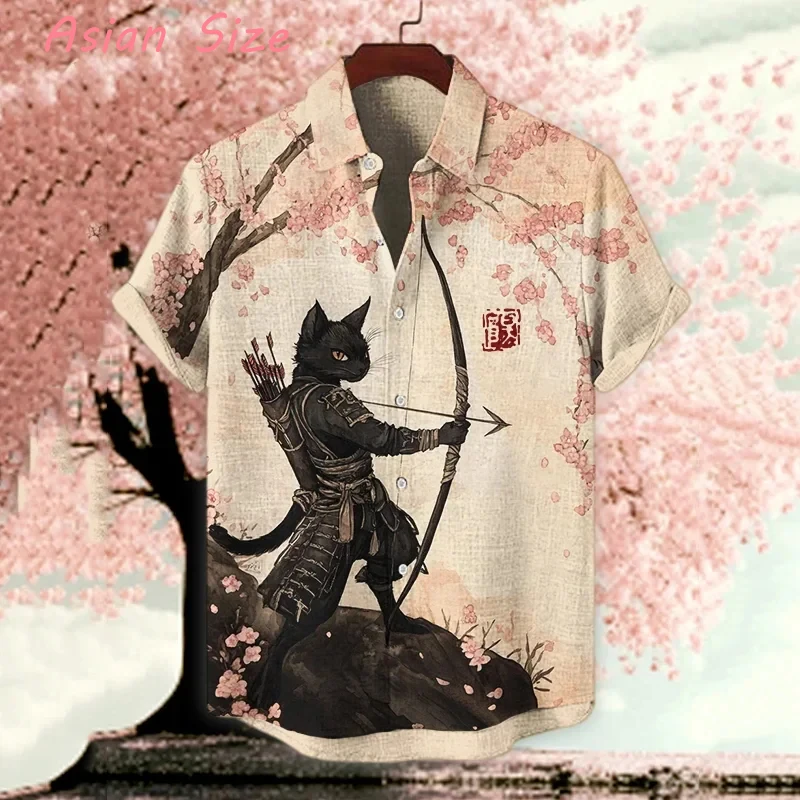 

Unisex Vintage Japanese Men's Anime Samurai Cat Print Casual Daily Wear 3D Printing Short Sleeve Blouses Hawaiian Shirts For Men