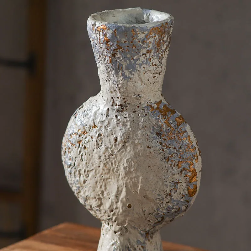 Vintage MgO Textured Gourd Vase, Distressed White Gold Blue Splatter, 33cm Tall Modern Farmhouse Decor