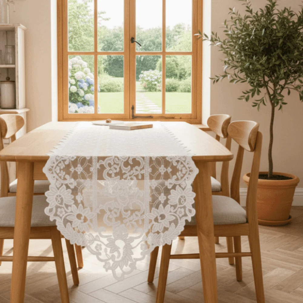 

Romantic Elegant Lace Table Runner French Style Soft Vintage Tablecloth Polyester Long Strip Shape Table Cover Wedding Decor