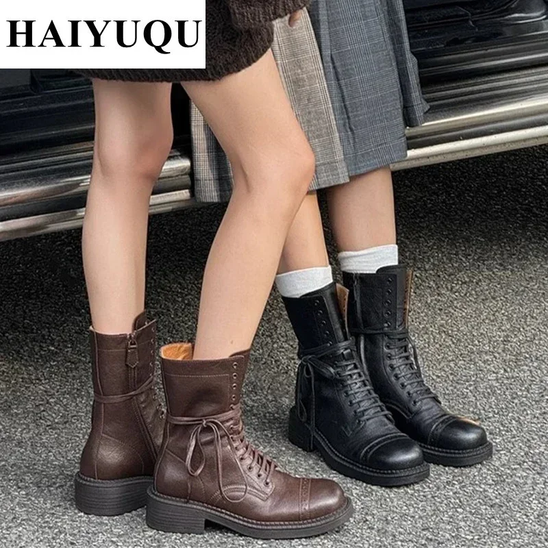 Women Lace Up Ankle Boots Retro Heels Shoes Designer New Leather Motorcycle Boots 2024 Trend Autumn Winter Snow Botas Lady Pumps