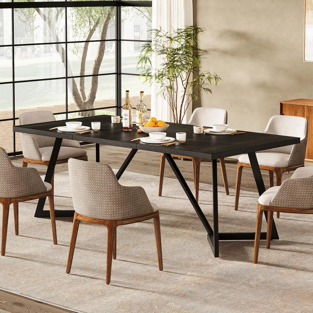 Bois noir rectangulaire moderne 70,86 po. Tables de cuisine W à 4 pieds, table à manger pour 6-8 places