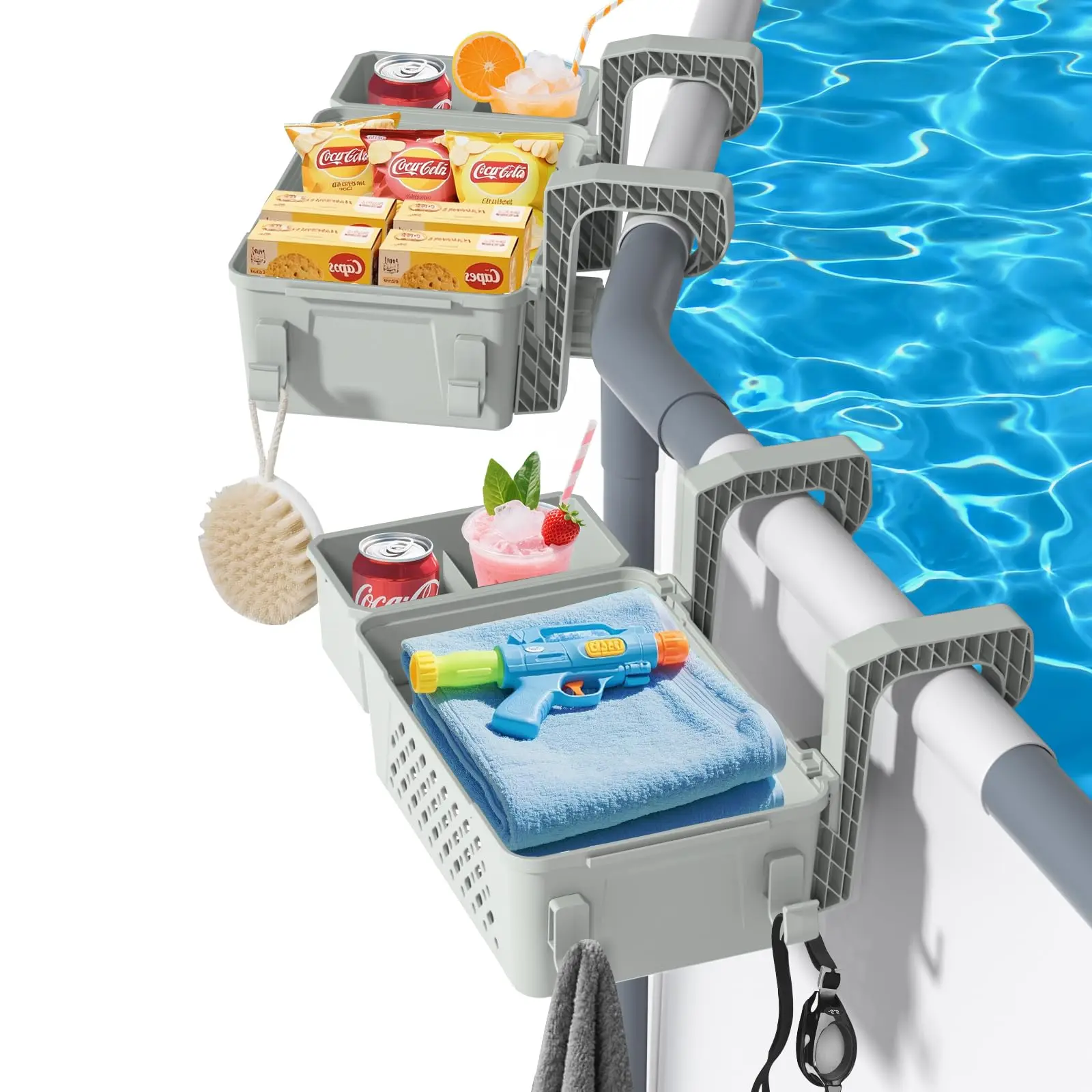 Hanging Pool Storage Basket Adjustable Clamp Pool Side Organizer Tray Drainage Design Cup Holder Towel Hook Frame Swimming Pool view 3