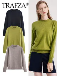 TRAFZA 2024 2024 Women's Cozy Knitted Pullover Solid Color Long Sleeves Round Neck Sweater Pullover 3 Colors Causal Soft Tops