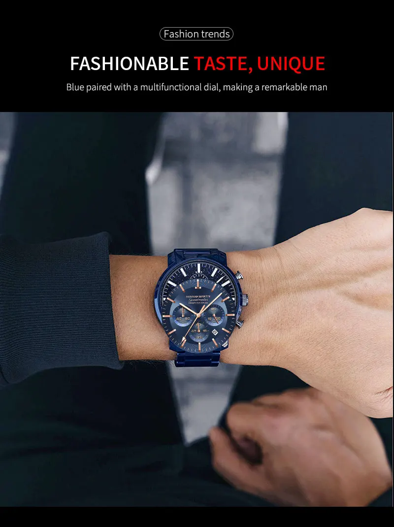 2024 neue multifunktionale Uhr Hannah Martin Marke 46 mm Blau Silber Edelstahl Freizeit Quarz Timing Uhr Kostenloser Versand – Detail 8