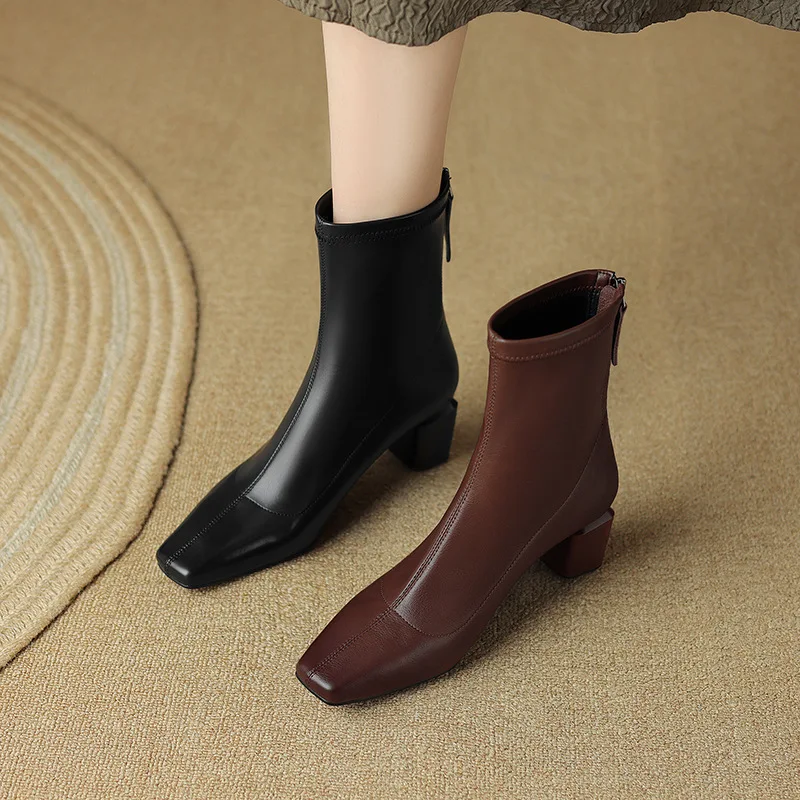 2023 New Brown Thick Heel French Short Boots Women's Square Headed Martin Soft Leather Naked Boots Mid High Heel Commuter Shoes