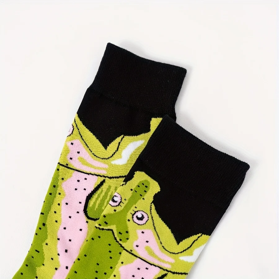 A pair of winter socks pure cotton light green fish cartoon animal men\'s mid-tube socks