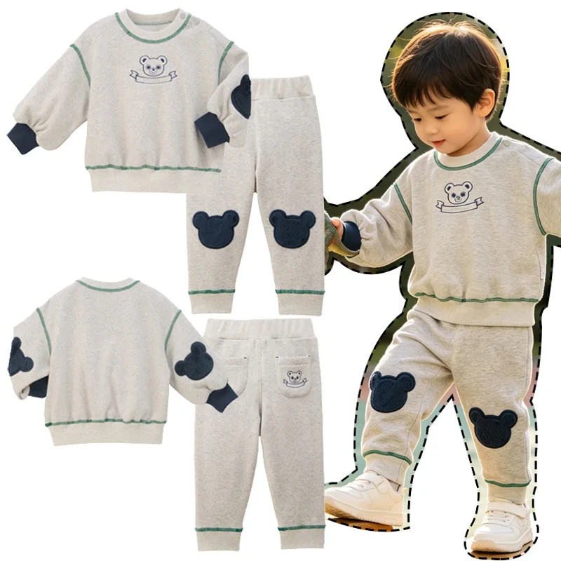Kids Sweatshirt Set 2026 Winter New Fashion Grey Embroidered Plus Fleece Boys Girls Sweatshirt Cotton Thickened Pullover Pants
