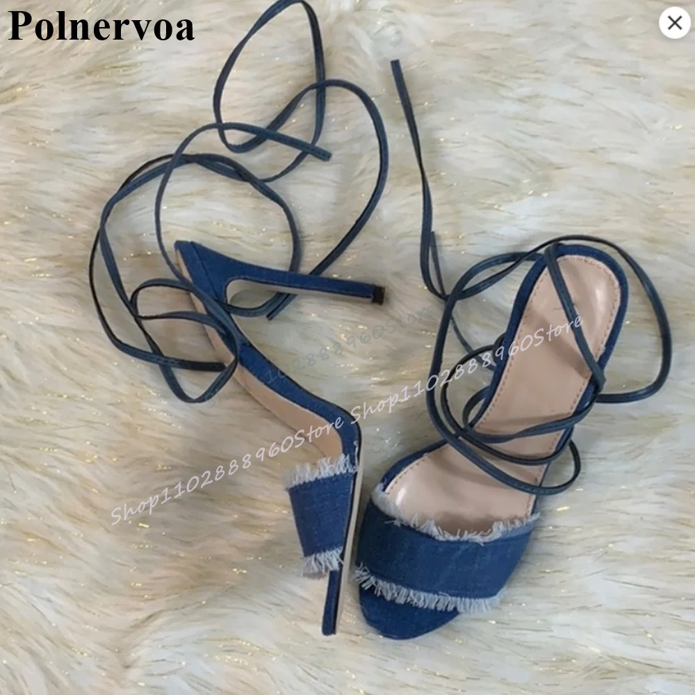

Casual Blue Denim Shallow Sandals Thin High Heel Simple Shoes For Women Lace Up Open Toe 2025 Fashionable Zapatos Para Mujere