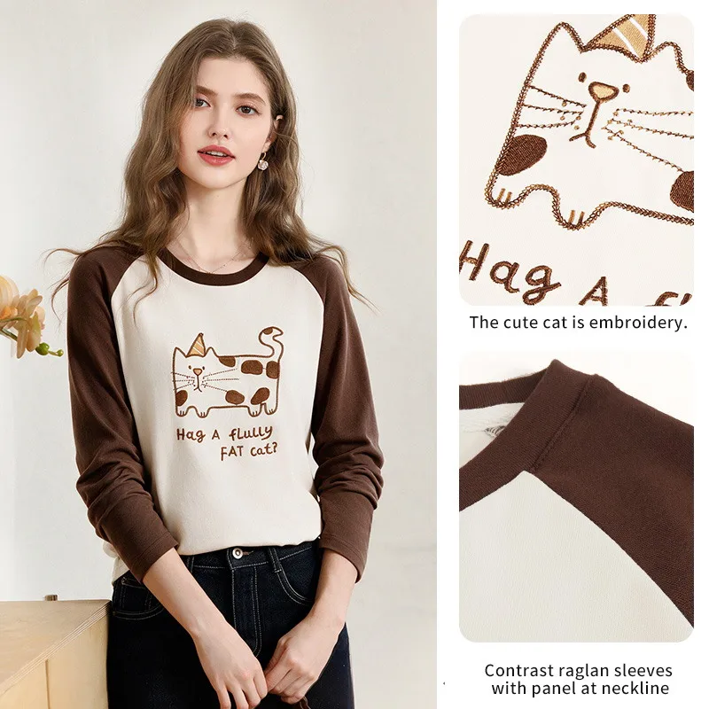 I BELIEVE YOU Color Block Raglan Long Sleeve T-shirt Autumn Cute Cat Embroidery Stretch Tees Slim Casual Basic Top 2263016420