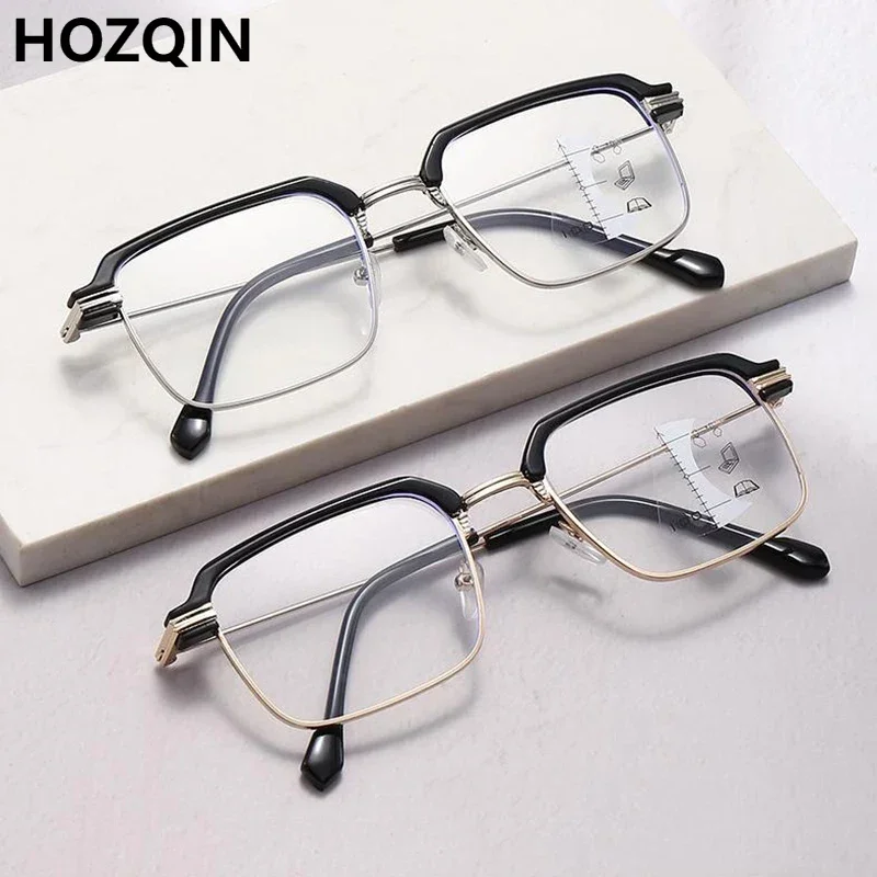 

Multifocal Progressive Reading Glasses Women Men Metal Frame Anti Blue Light Square Bifocal Presbyopia Eyeglasses With Diopter