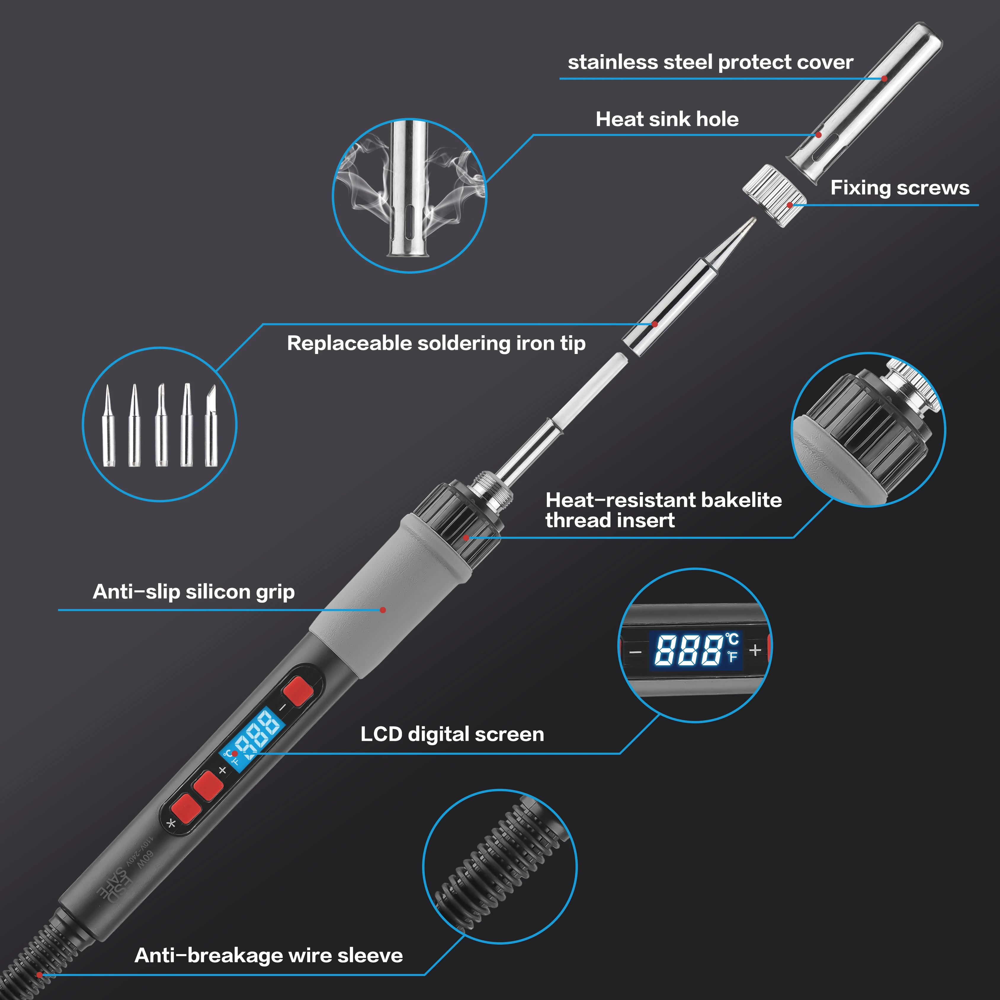 เครื่องเชื่อมเหล็ก60W LCD SOLDER Las ดิจิตอลเหล็กไฟฟ้าชุดปืนพร้อมเครื่องทำความร้อนเซรามิกบัดกรีแบบพกพาพร้อม5ชิ้นเคล็ดลับ S