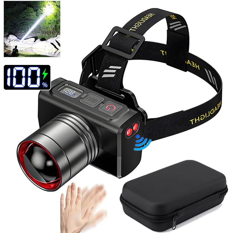 Сенсорный налобный фонарь, светодиодный налобный фонарик, мощный налобный фонарь, встроенный аккумулятор, USB перезаряжаемый фонарь для рыбалки и кемпинга Сенсорный налобный фонарь, светодиодный налобный фонарик, мощный налобный фонарь, встроенный аккумулятор, USB перезаряжаемый фонарь для рыбалки и кемпинга