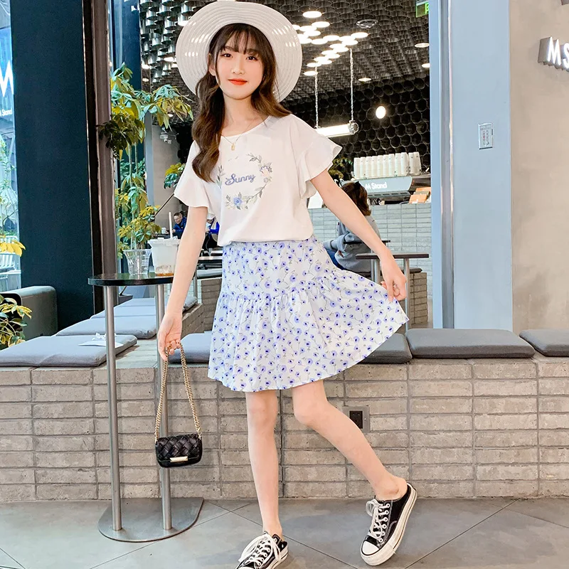 

T Shirt + Skirt 2Pcs Suit Children Teen Girl Lotus Leaf Short Sleeve Outfits New Summer Kids Clothes Set for Girls Floral Cotton
