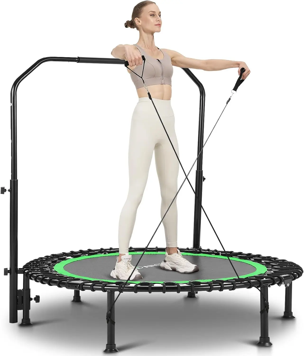 

40/50" Foldable Mini Trampoline Max Load 450/550lbs, Fitness Trampoline with Bungees, Adjustable Foam Handle, Indoor Exe