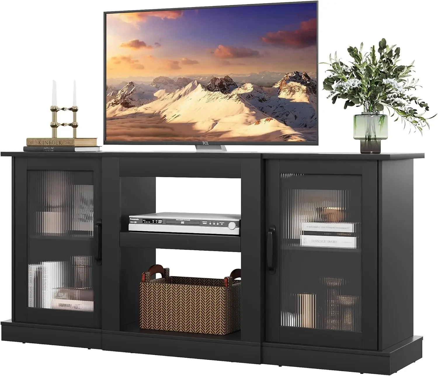 WLIVE Retro TV Stand for 65 inch TV, TV Console Cabinet with Storage, Open Shelves Entertainment Center for Living Room.