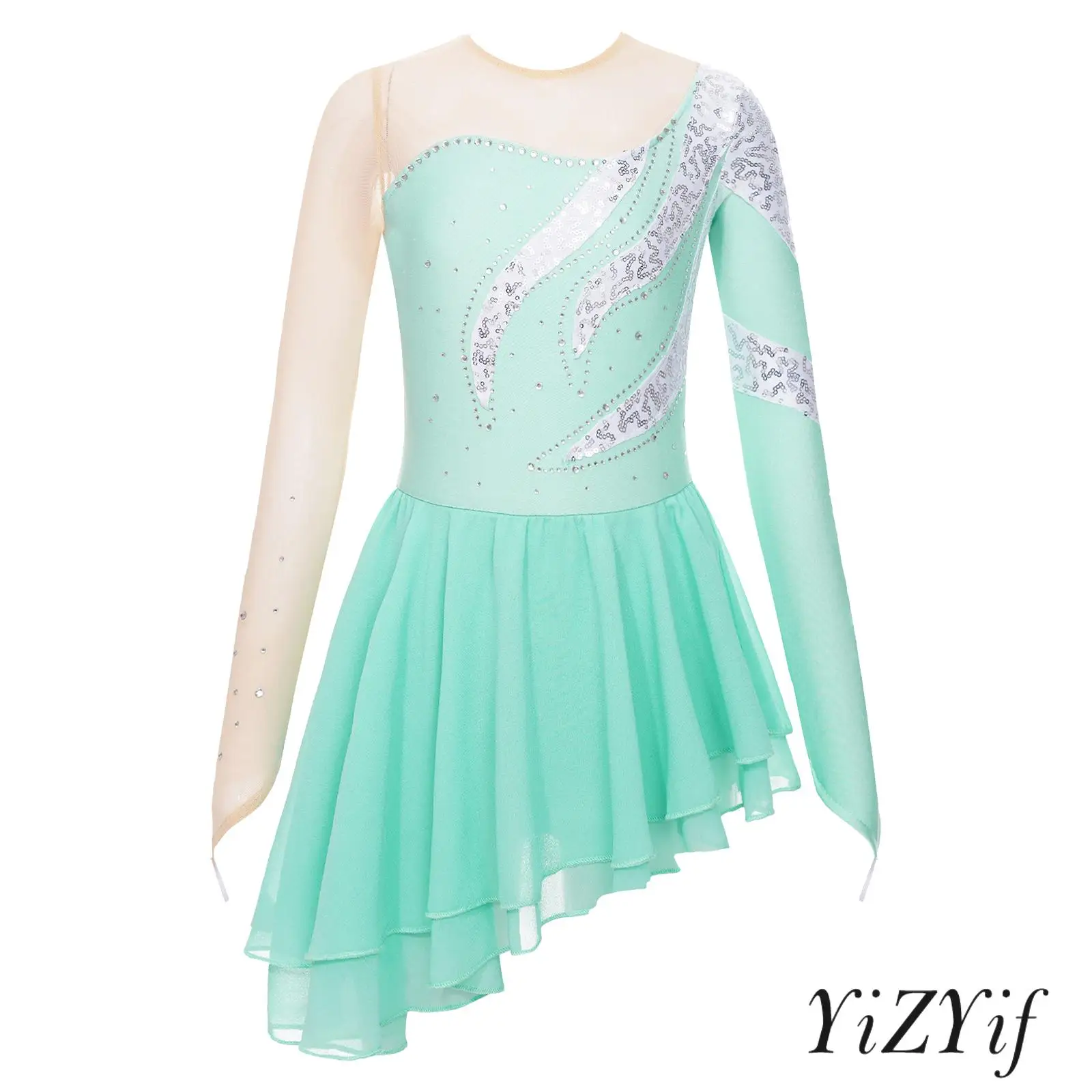 

Girls Long Sleeve Shiny Sequins Ballet Dancewear Dress Figure Ice Skating Dress Hollow Back Athletic Gymnastics Leotard