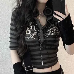 Goth Print Tops Stripe Cute Y2K T-Shirts Dark Academia Techwear Button Up V Neck Half Sleeve Sweat Shirts Fairy Grunge Tees EMO