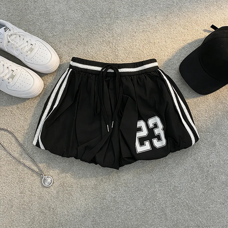 

Новые весенние шорты с принтом 23 букв, повседневные, на шнуровке, ультракороткие, в полоску, с элементами фонарного кроя, сексуальные, эластичные