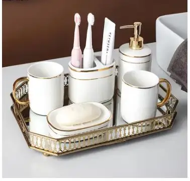 Golden Stripes Bathroom Decoration Accessories White Ceramic Toothbrush Holder Portable Soap Dispenser Mouth Mug Bath Supplies