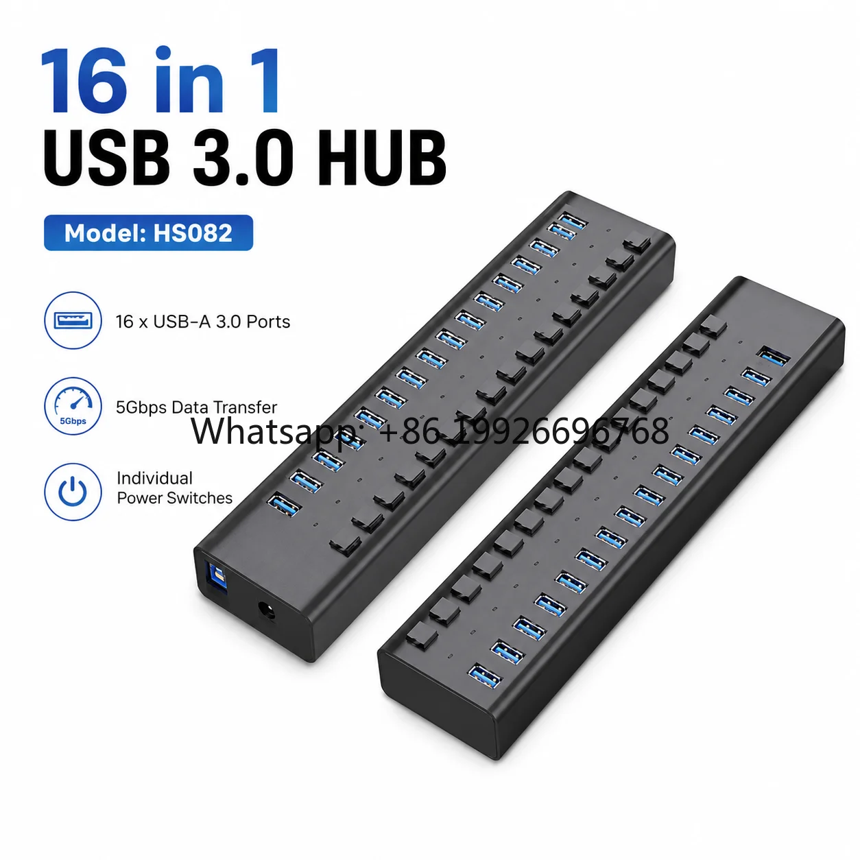 16-Port Powered USB 3.0 Hub, 5Gbps, 16x USB-A, Individual Switches, ABS Multiport Hub for Data & Charging